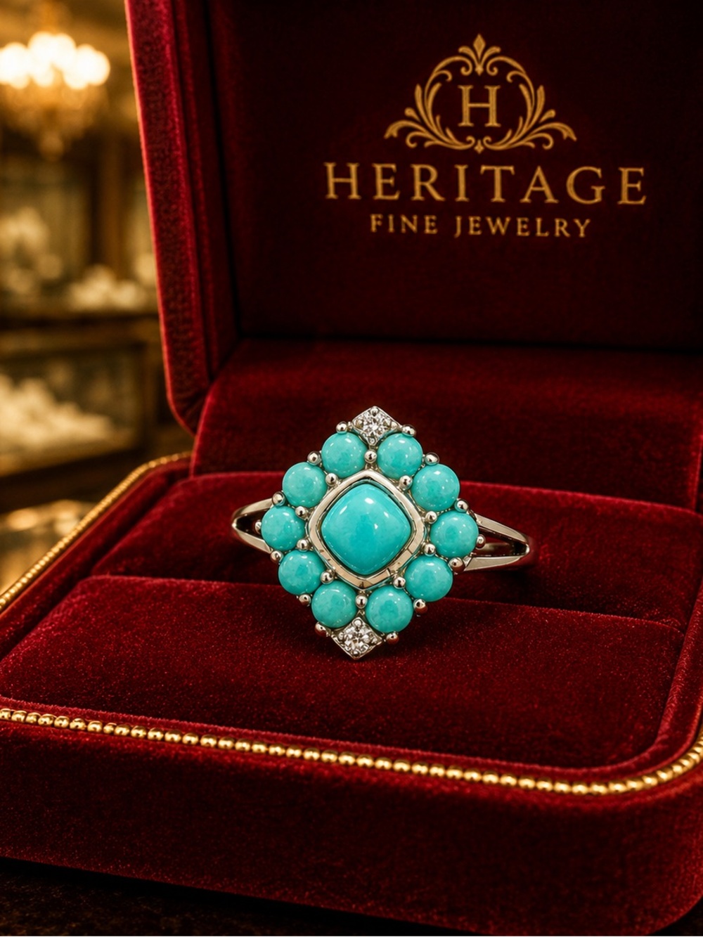 Sleeping Beauty Turquoise Square/Round Diamond 925 Sterling Silver Ring Sz 10